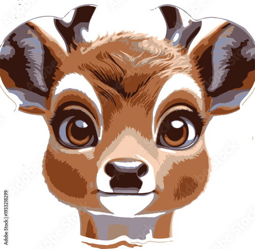 Deer face close-up cute expression, thick white die-cut border 1