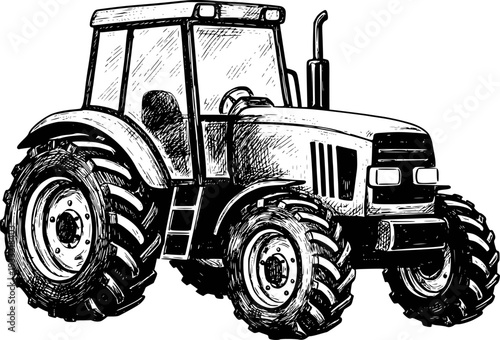 Black and white of a farm tractor with large wheels and enclosed cab a white background