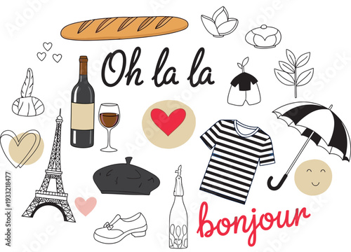 French culture symbols isolated on transparent background