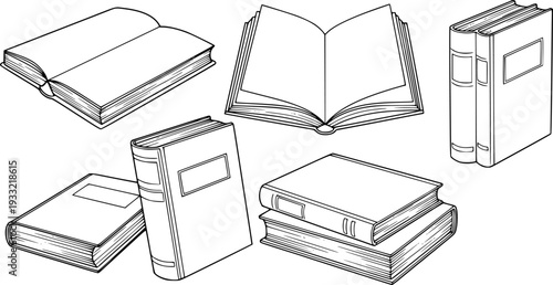Collection of open and closed books in black and white line style reading