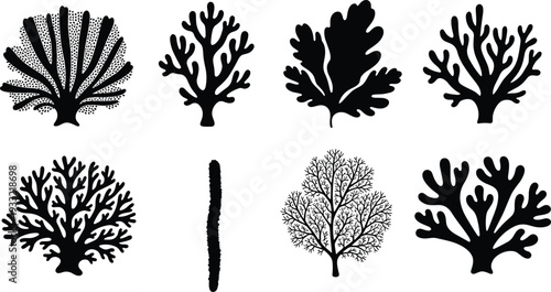 Coral reef silhouette set underwater sea plant and marine coral isolated on white background