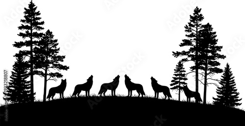 Silhouette of wolves howling at night amidst pine trees