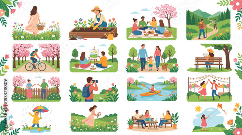 Vibrant spring and summer scenes of people enjoying outdoor activities