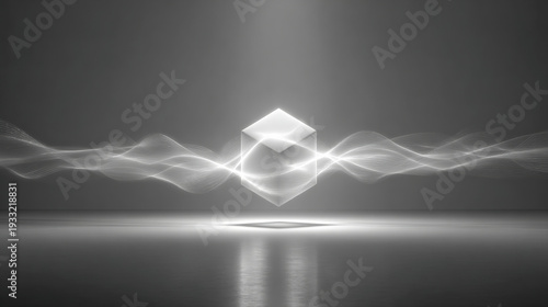 Abstract glowing cube surrounded by data waves