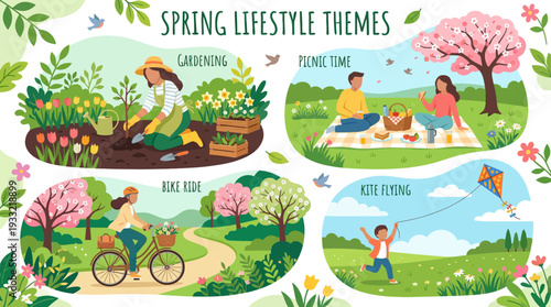 Vibrant spring lifestyle scenes with people gardening, having a picnic, biking, and flying a kite