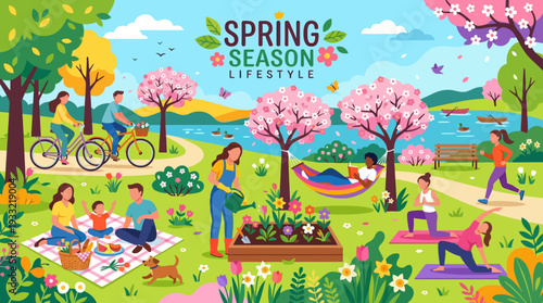 People enjoying spring activities in a vibrant park with blooming flowers