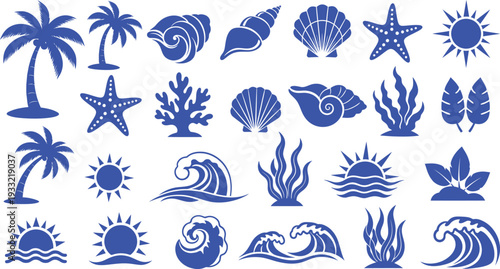 Beach icons silhouette collection featuring tropical symbols