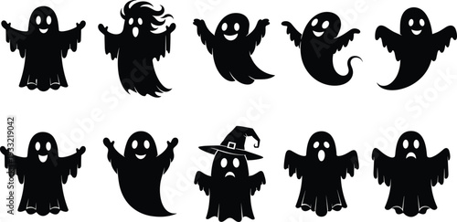 Cute Halloween ghost silhouette set of spooky cartoon spirits isolated on white background