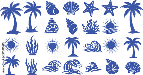 Blue silhouette icons of tropical beach elements and sea shells
