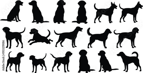 Dog silhouette set various breeds sitting standing and running isolated on white background vector
