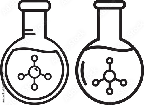 Two chemistry flasks with molecules silhouette