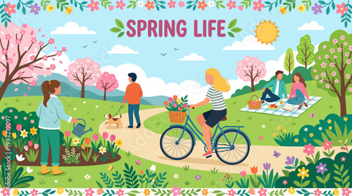 People enjoying springtime in a beautiful park with flowers and trees