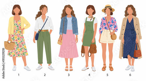 Six stylish women in various summer outfits and accessories