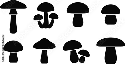Black mushroom silhouettes collection isolated on white background, minimalist fungi vector set with toadstool shapes for logo, print, packaging and nature design