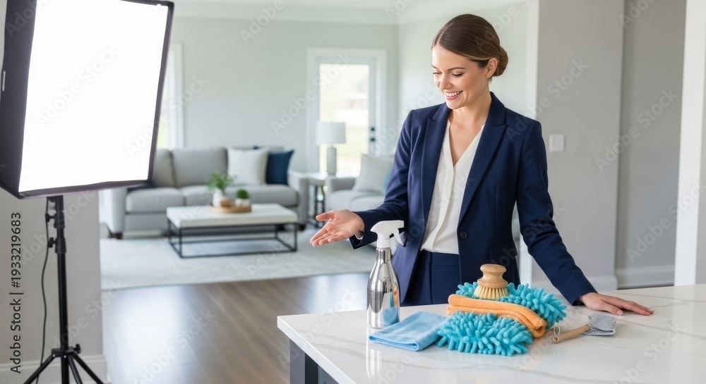 Fototapeta premium Cleaning, sanitation and hygiene products for home maintenance during a pandemic with woman demonstrating effective surface disinfection techniques in modern kitchen setting. Disinfectant spray