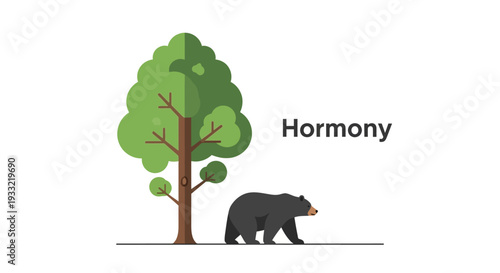 A bear walks beside a tree in harmony with nature's serene environment from a distant viewpoint illustration
