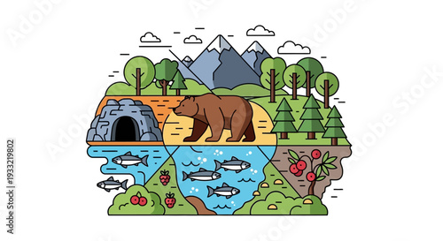Ecosystem illustration showing forest, bear, mountain, river, and tunnel from a landscape viewpoint.