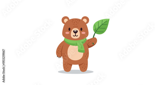 Cuddly bear holding leaf in a cartoon illustration