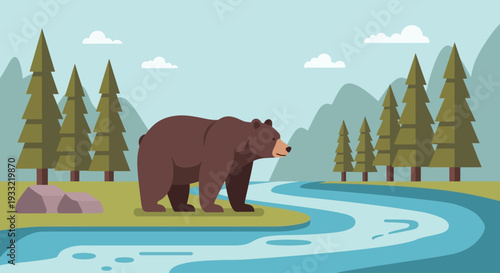 A large brown bear stands by a serene river surrounded by trees and mountains in a peaceful landscape view