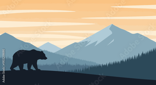 Silhouette of a bear walking across a mountainous terrain at dusk with serene landscape scenery