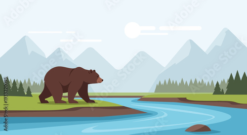 A brown bear walks along a serene riverbank with majestic mountains in the background view