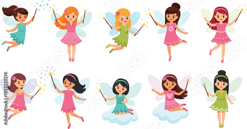 Cute Fairy Princess Characters with Magic Wand and Wings Flying in Different Poses Cartoon Vector Illustration Collection