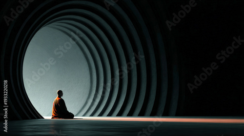 Monk meditating in modern spiritual archway light