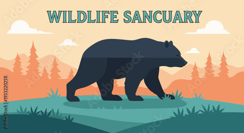 Bear walks through wildlife sanctuary landscape illustration at sunset viewpoint
