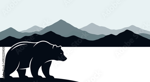 A majestic bear roams near serene mountains and a calm lake in a vector illustration