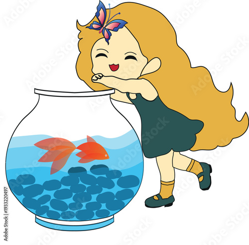 Cute Little Girl with Goldfish in a Fishbowl Illustration.