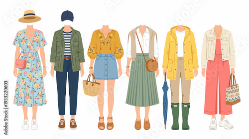 Six people in various summer outfits with accessories and bags