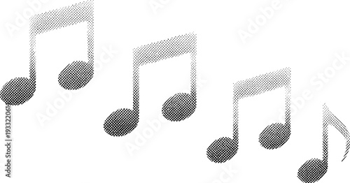 Stylized musical note silhouettes with halftone shading, eighth note quavers diagonal pattern, retro textured vector icons for music design projects