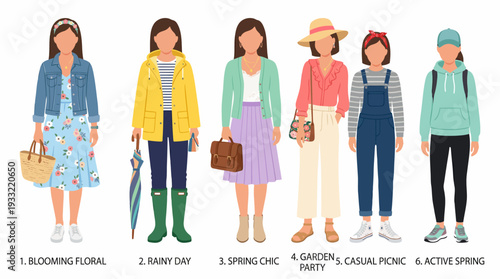 Six women in different spring outfits for various occasions