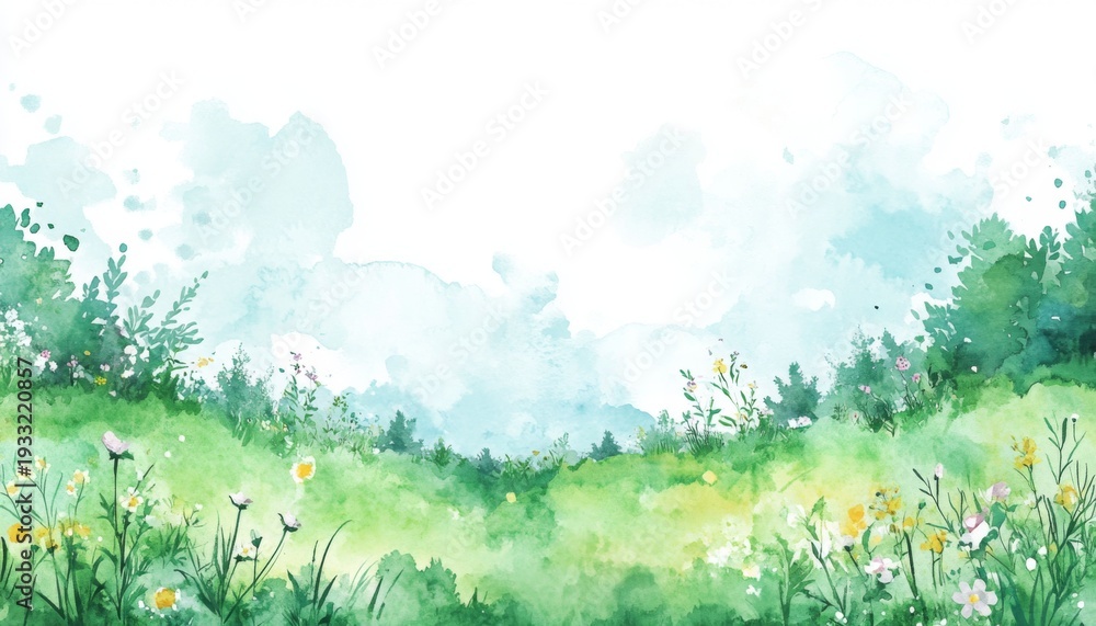 Fototapeta premium Beautiful watercolor landscape with vibrant wildflowers and lush greenery under a serene sky