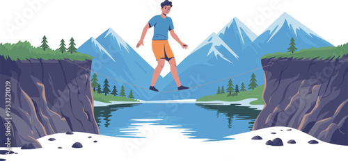 Man balancing on slackline over mountain river landscape adventure outdoor vector illustration
