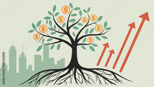 Money tree growing with dollar coins and rising arrows in city background
