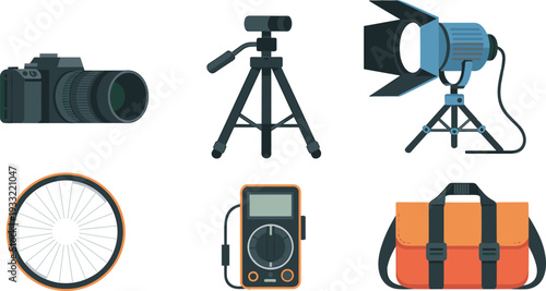 Photography equipment icons set camera tripod studio light wheel multimeter and bag vector illustration