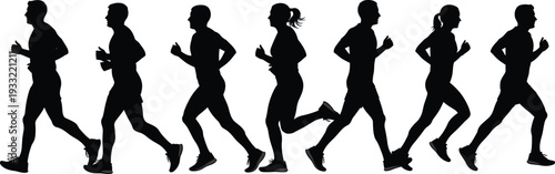 Running People Silhouette Set Jogging Men and Women Fitness Exercise Vector Isolated on White Background