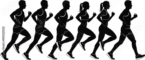Running people silhouette set of men and women joggers isolated on white background