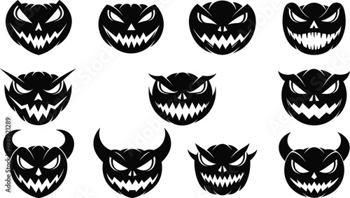 Scary pumpkin face silhouette set Halloween jack o lantern expressions isolated on white background