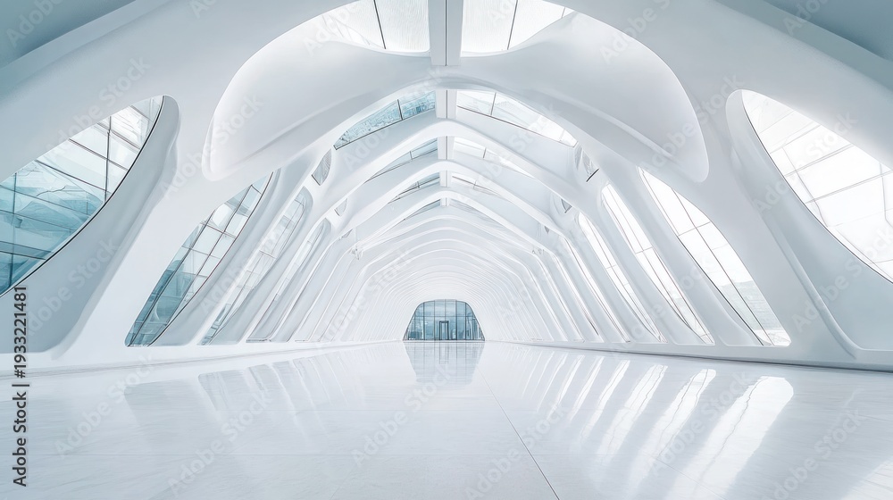Obraz premium Elegant hallway of bright futuristic building featuring unique arched architecture