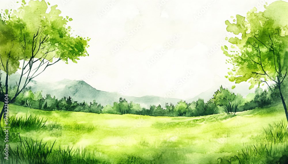 Obraz premium Vibrant green landscape with watercolor trees and distant mountains under a soft sky