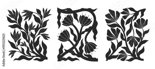 Scandinavian flowers in linocut style.Nordic folk botanical vector illustration set with widflowers,branches and leaves.Bold black and white floral silhouettes for branding,packaging,posters,patterns.