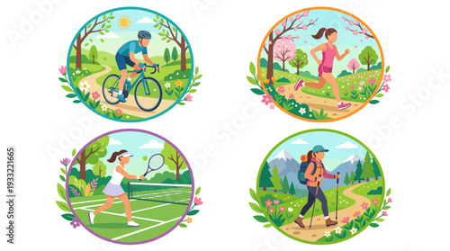 People enjoying outdoor activities in nature with cycling, running, tennis, hiking