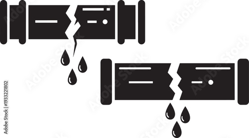Silhouette broken pipes with water drops indicating leak problem