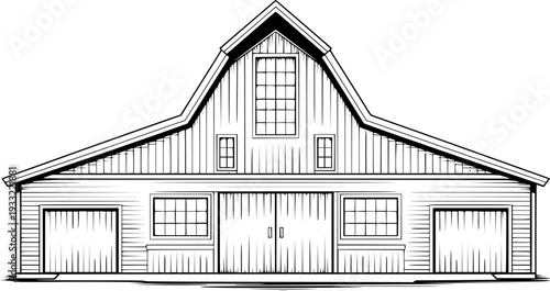 Detailed Line of a Classic Barn with Multiple Doors and Windows building farm