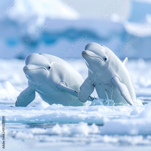 Two white beluga whales emerge from icy waters, head to head