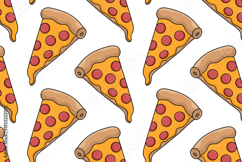 Repeating pattern of cartoon pepperoni pizza slices with golden crust and red toppings white background
