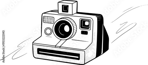 Retro Instant Camera with Flash and Lens in Black and White Line Style vintage technology