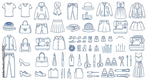 Apparel and Tailor Tools Vector Collection – Blue Outline Sewing and Fashion Design Set